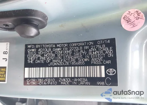 2014 Toyota Prius Two z USA, uszkodzony, nr VIN JTDKN3DU3E1856855